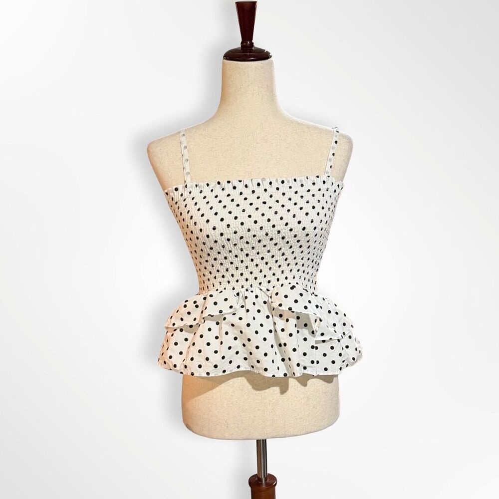 Isla & Ella, Shirred Black & White Polka Dot Peplum Tank Top, XS